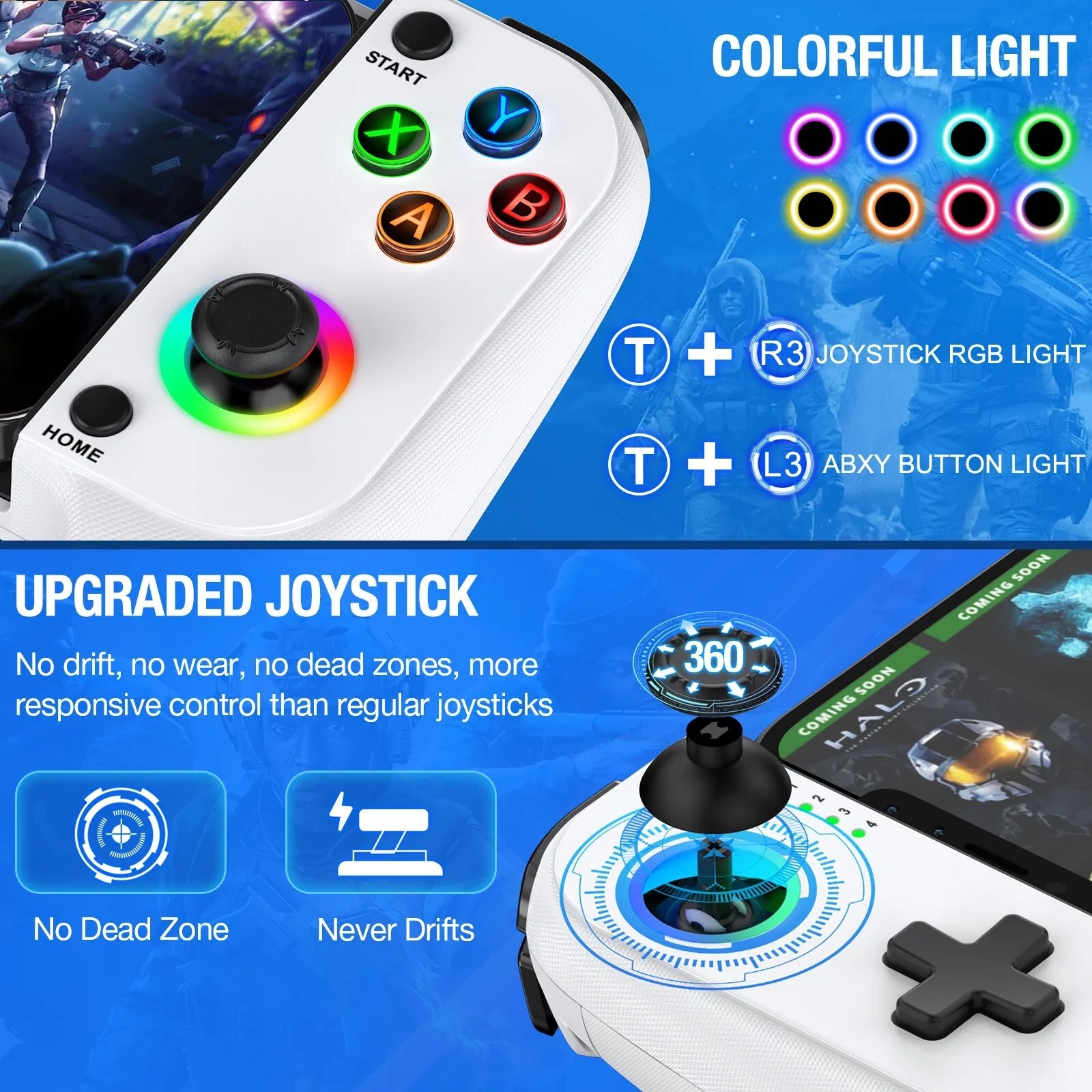 Mobile Game Controller for iPhone/Android, iOS Wireless Gaming Controller + RGB
