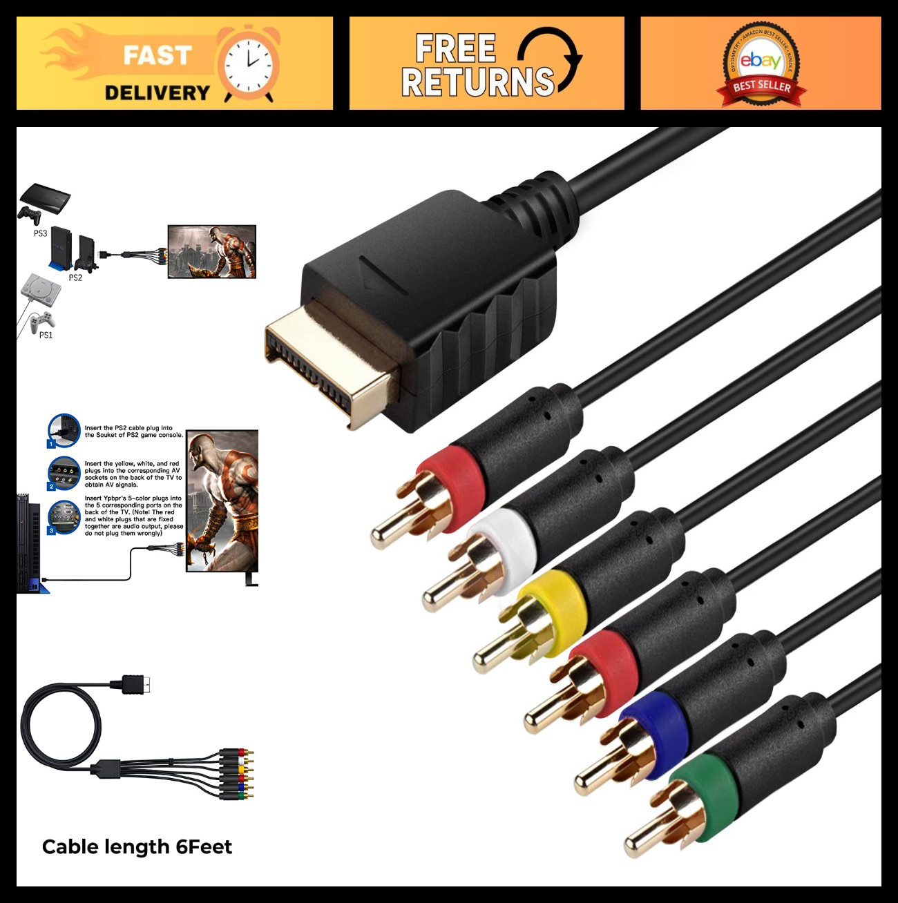 6ft Ypbpr Component + RCA Composite Video Cable for PS1/PS2/PS3 – 2-in-1 High Qu