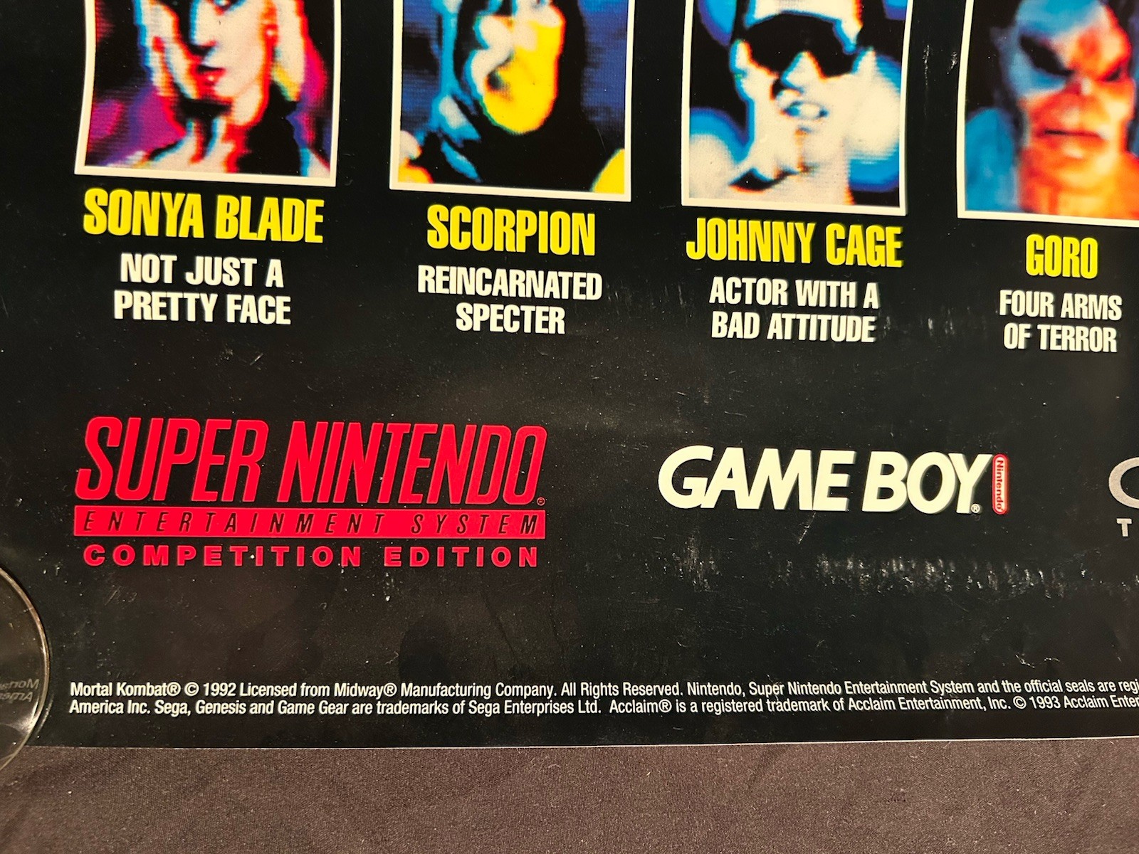 Mortal Kombat 1993 Rare Store Promo Poster Akklaim! SNES SEGA GAMEBOY!