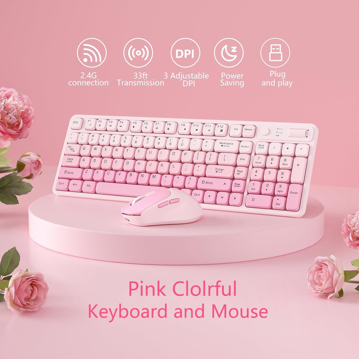 Wireless Keyboard and Mouse Combo, Full-Size USB Keyboard with Back Stand, 2.4GH