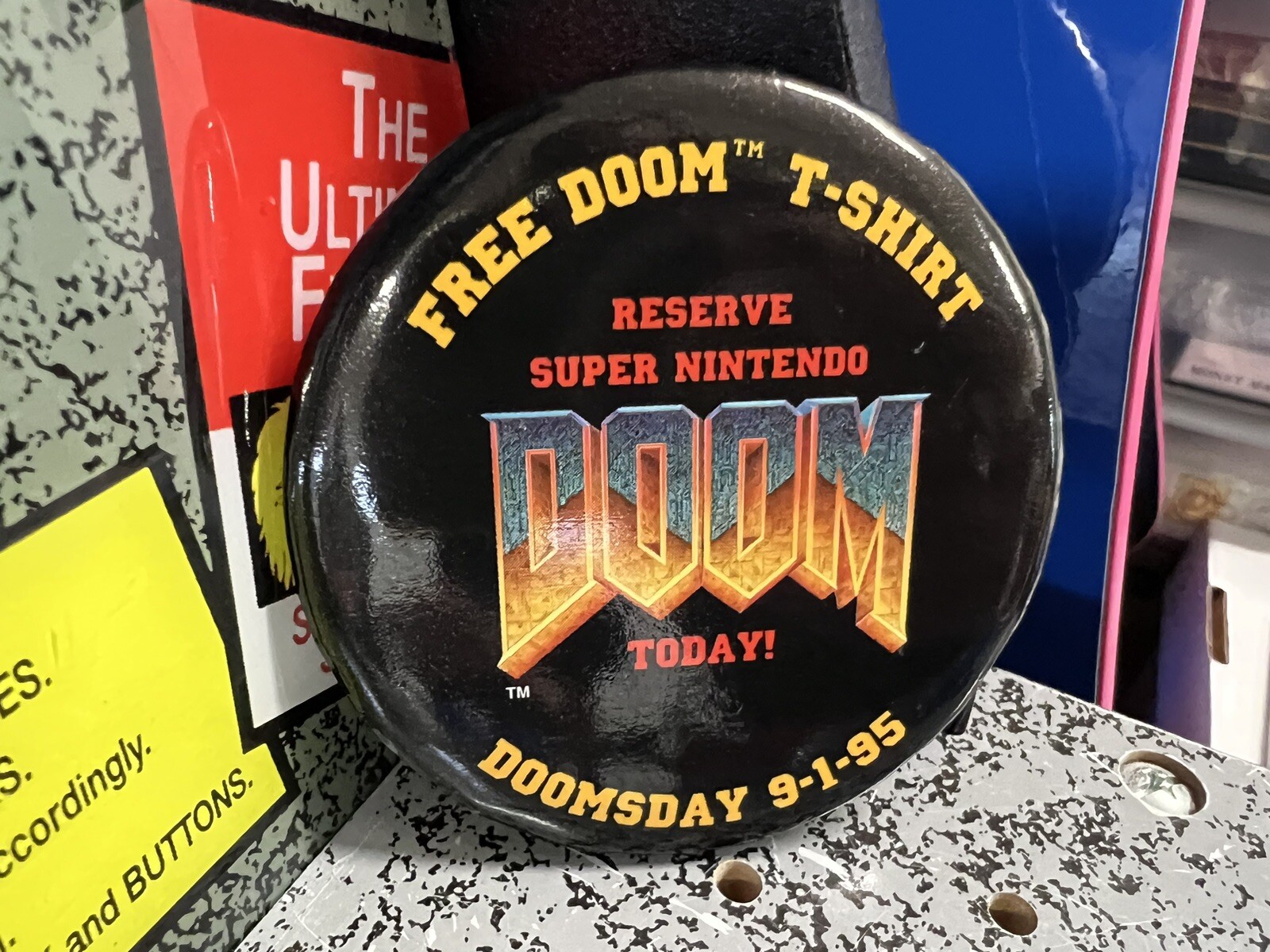 1995 SNES Doom & 2005 Resident Evil 4 Pinback Buttons + Dying Light 2 Neck Cover