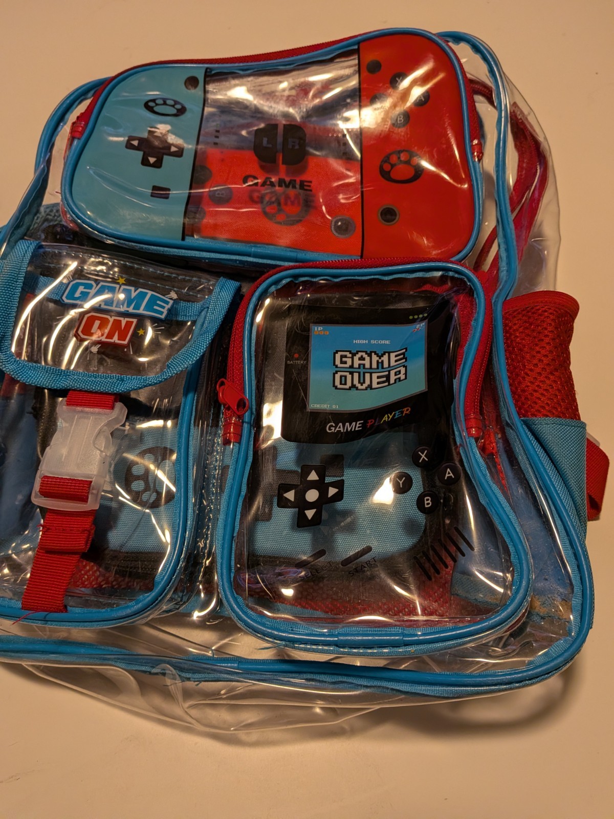 Nintendo Switch Game On/Game Over Padded Clear Backpack + Zippered Case Set