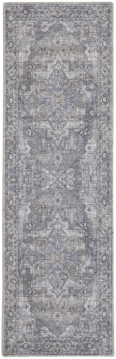 8′ Gray Floral Power Loom Distressed Washable Runner Rug