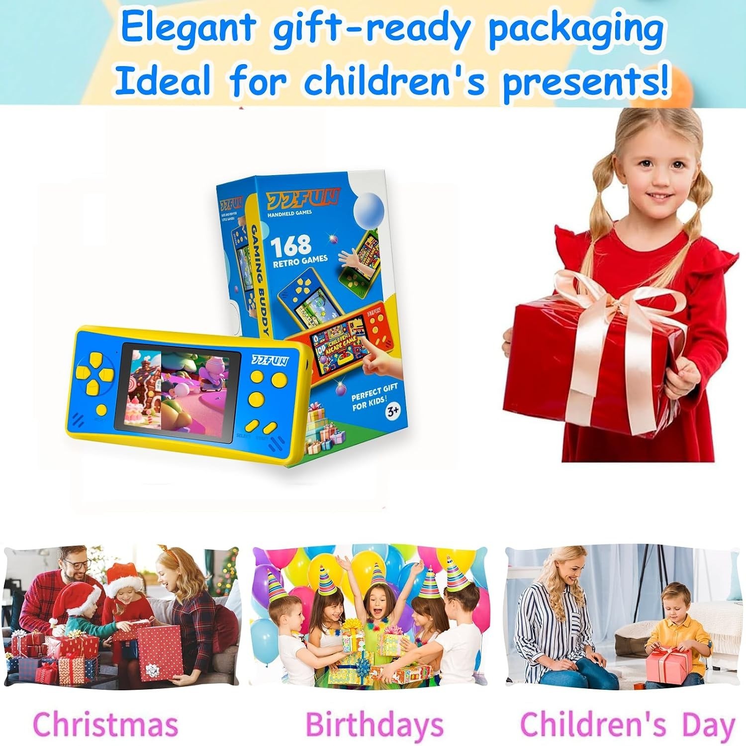 Safe & Fun Portable Gaming Console – 3.2″ Screen, 168 Built-in Games for Kids