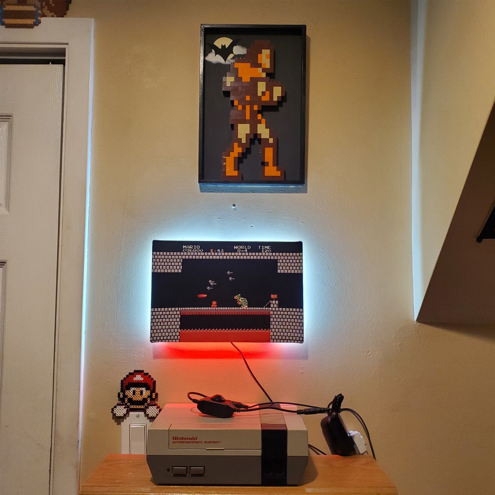 Mario vs Bowser backlit with LEDs custom wrapped canvas 8×12″ game room gift NES