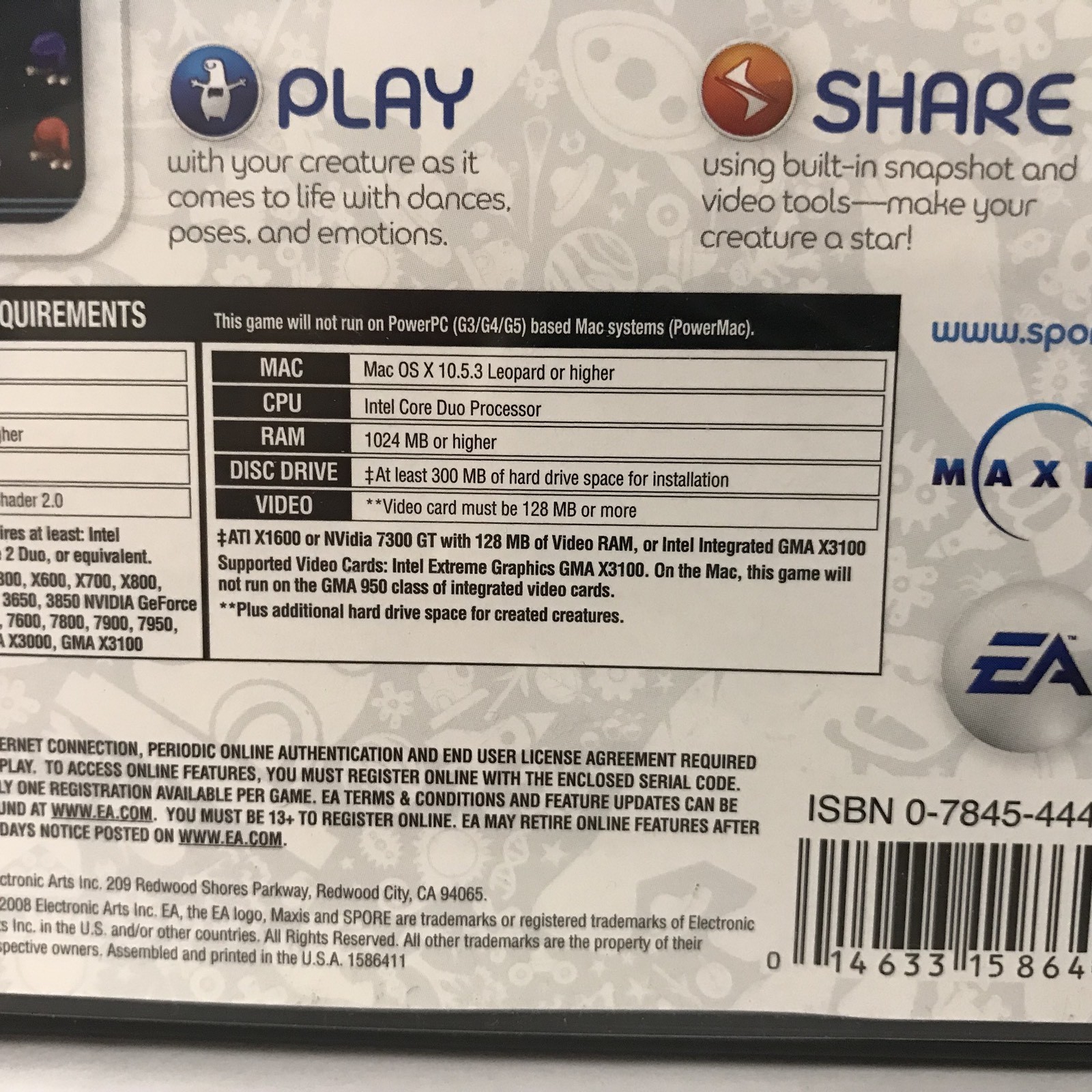 Spore creature creator PC DVD-ROM UNLEASH YOUR CREATURE CREATIVITY Game EA