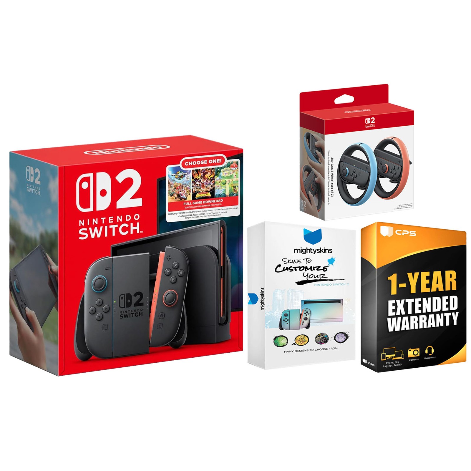 Nintendo Switch 2 Choose Your Game with Joy Con Wheels and MightySkins Bundle