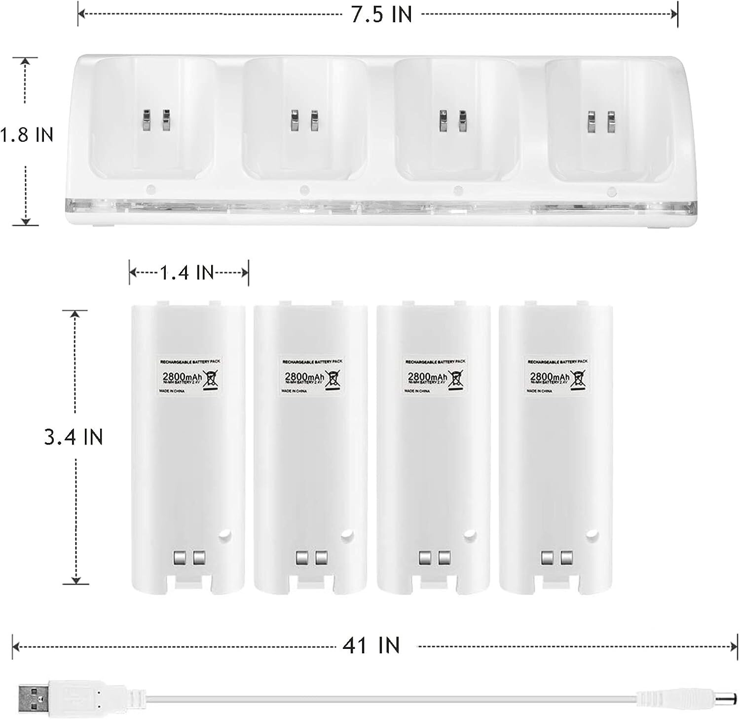 4-in-1 Charging Dock with 4PCS 2800mAh Battery for Wii/ Wii U Remote Controller