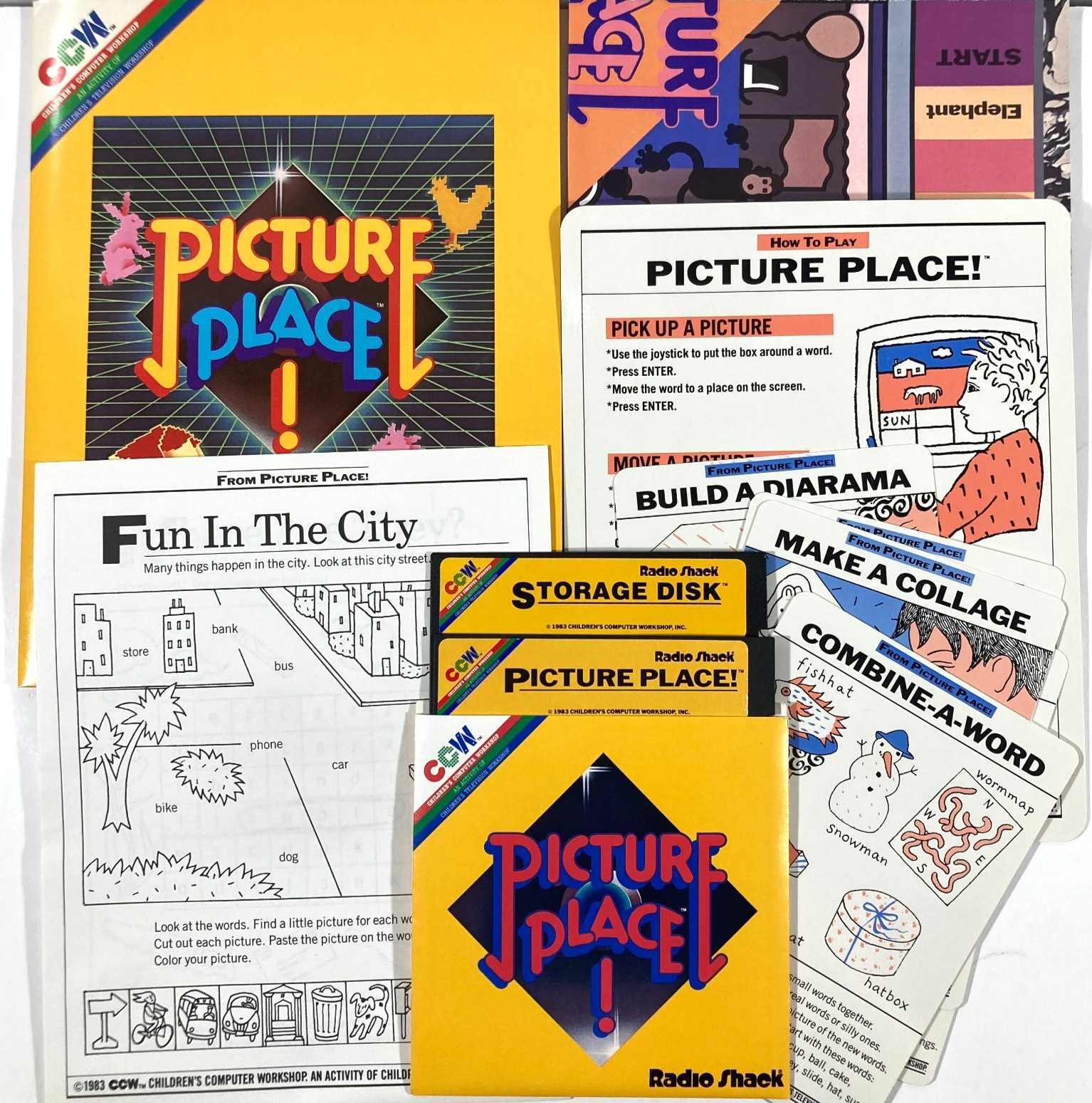 Radio Shack 1983 3-Game 5.25″ Disk Set Bagasaurus Picture Palace Roll-A-Word CCW