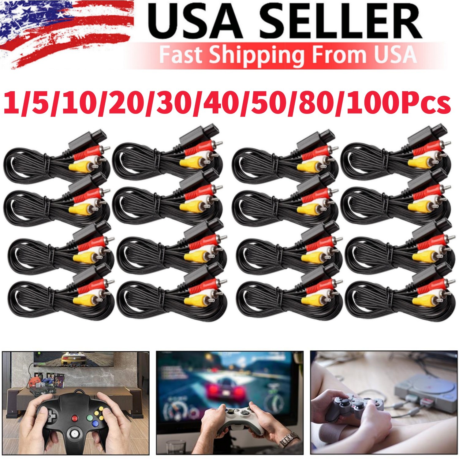Lot for Nintendo N64 SNES Super Gamecube RCA AV TV Audio Video Stereo Cable Cord