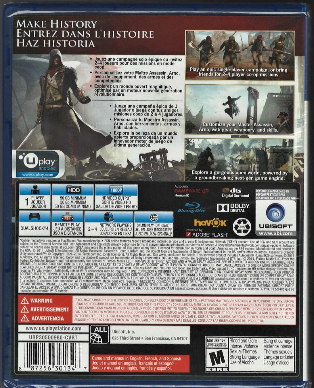 Assassin”s Creed Unity (Trilingual) PS4 (Brand New Factory Sealed US Version) P