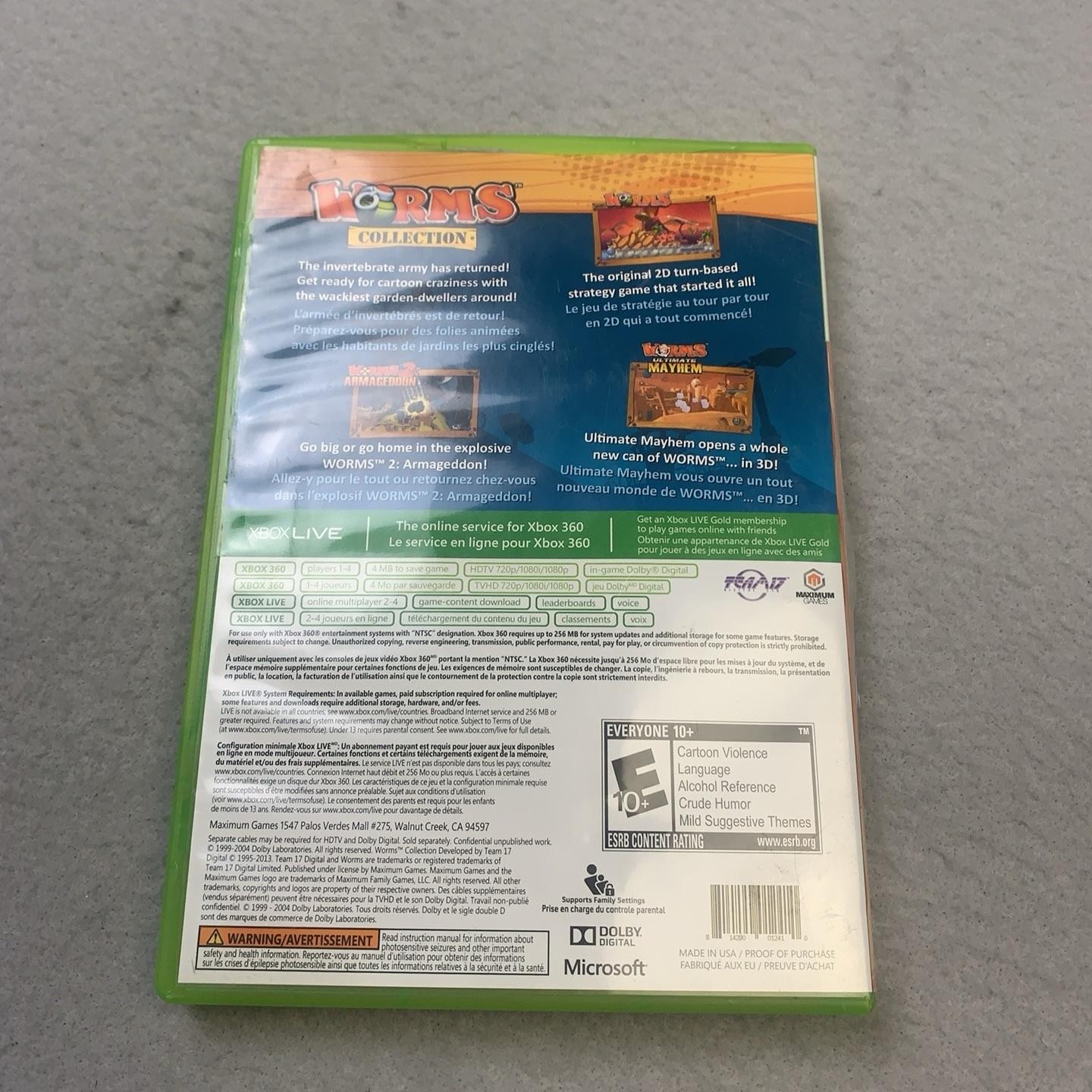 Worms Collection Xbox 360 Game E10+ Maximum Games NTSC-U/C Disc Manual Green