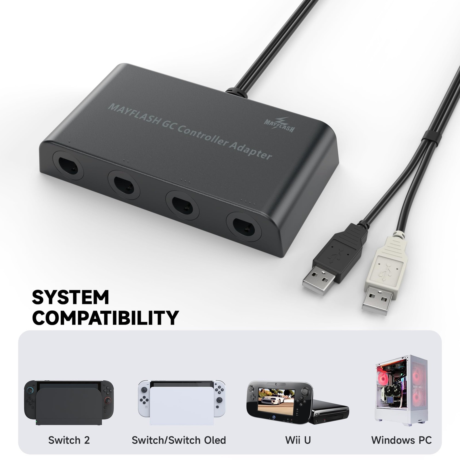 MAYFLASH Gamecube Controller Adapter for Wii U, PC Windows and 1 Pack, Black