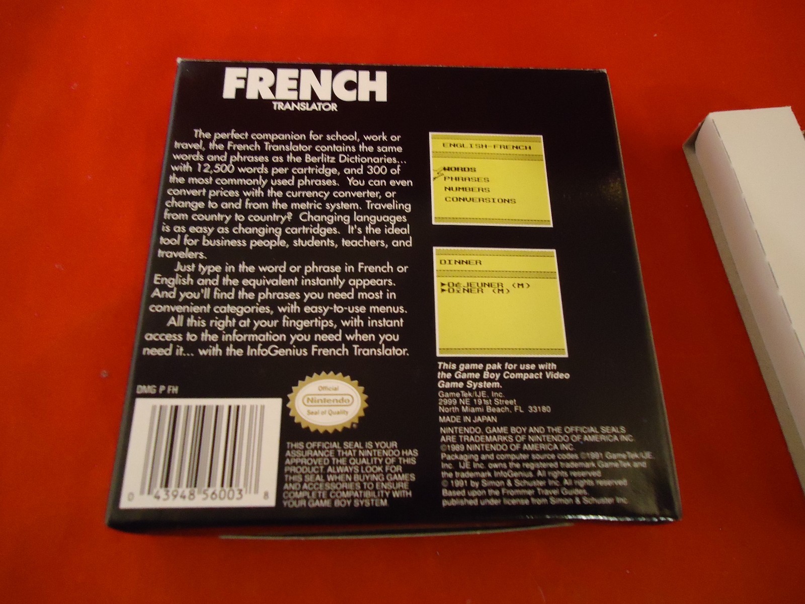 InfoGenius Productivity Pak: Berlitz French Translator (Nintendo Game Boy) w Box