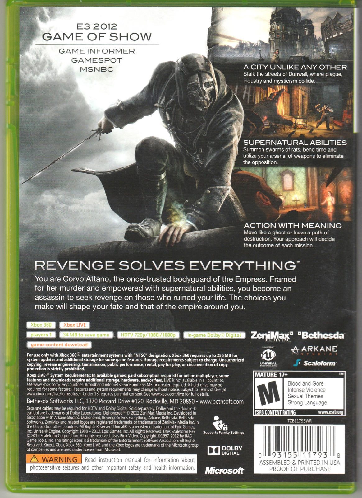 Dishonored (Xbox 360) Original Version – NOT Game of the Year Edition – Bethesda