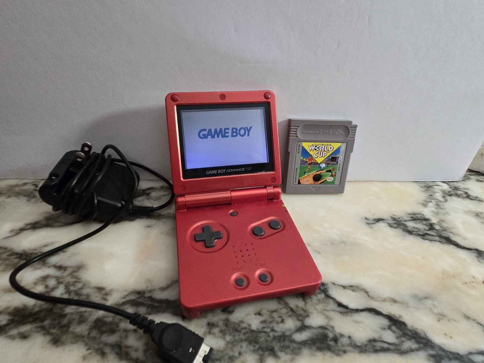 Nintendo Game Boy Advance SP AGS‑001 Red + Charger + World Cup – Tested Works