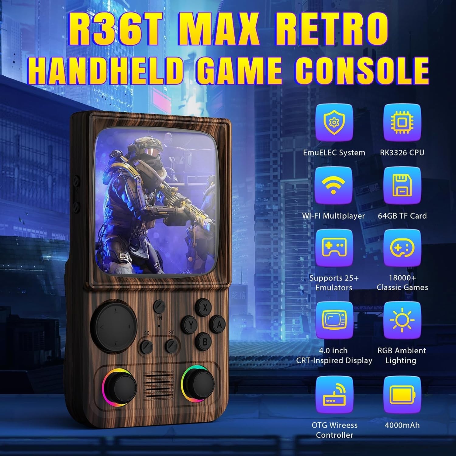 R36T MAX Upgraded Retro Handheld Game Console with 4000mAh Battery, 4.0” IPS Sc