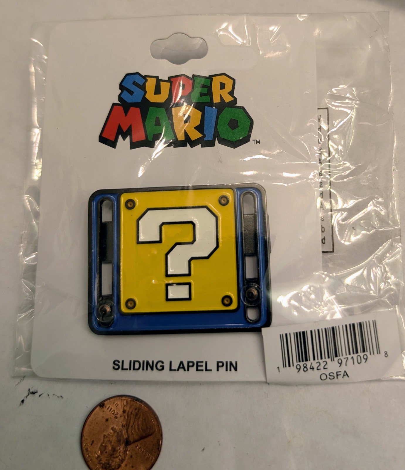 Nintendo.Super Mario Bros.1 UP mushroom.Sliding Lapel Pin.Power Up ? Block/box