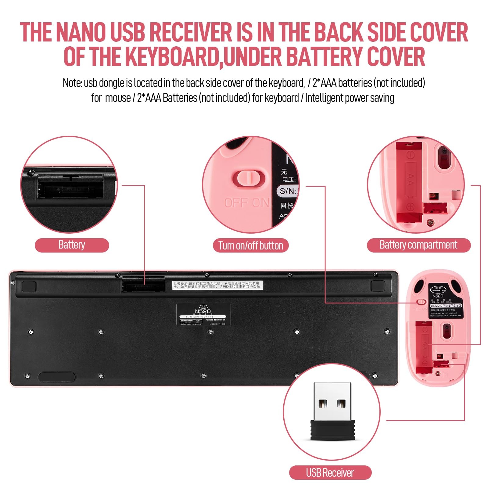 Wireless Keyboard and Mouse Combo, Full Size Compact Quiet pink