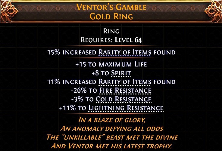 Path of Exile 2 Return of the Ancients – UNIQUE Ventor’s Gamble Gold Ring