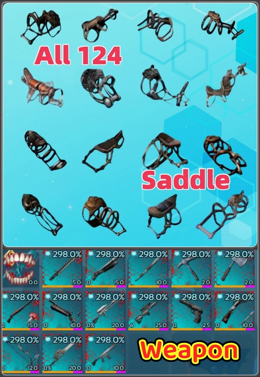 Ark Survival Ascended PVE 🤩 All 124 Armor Crafted Saddle/ Weapon298 PC/XBOX/PS5