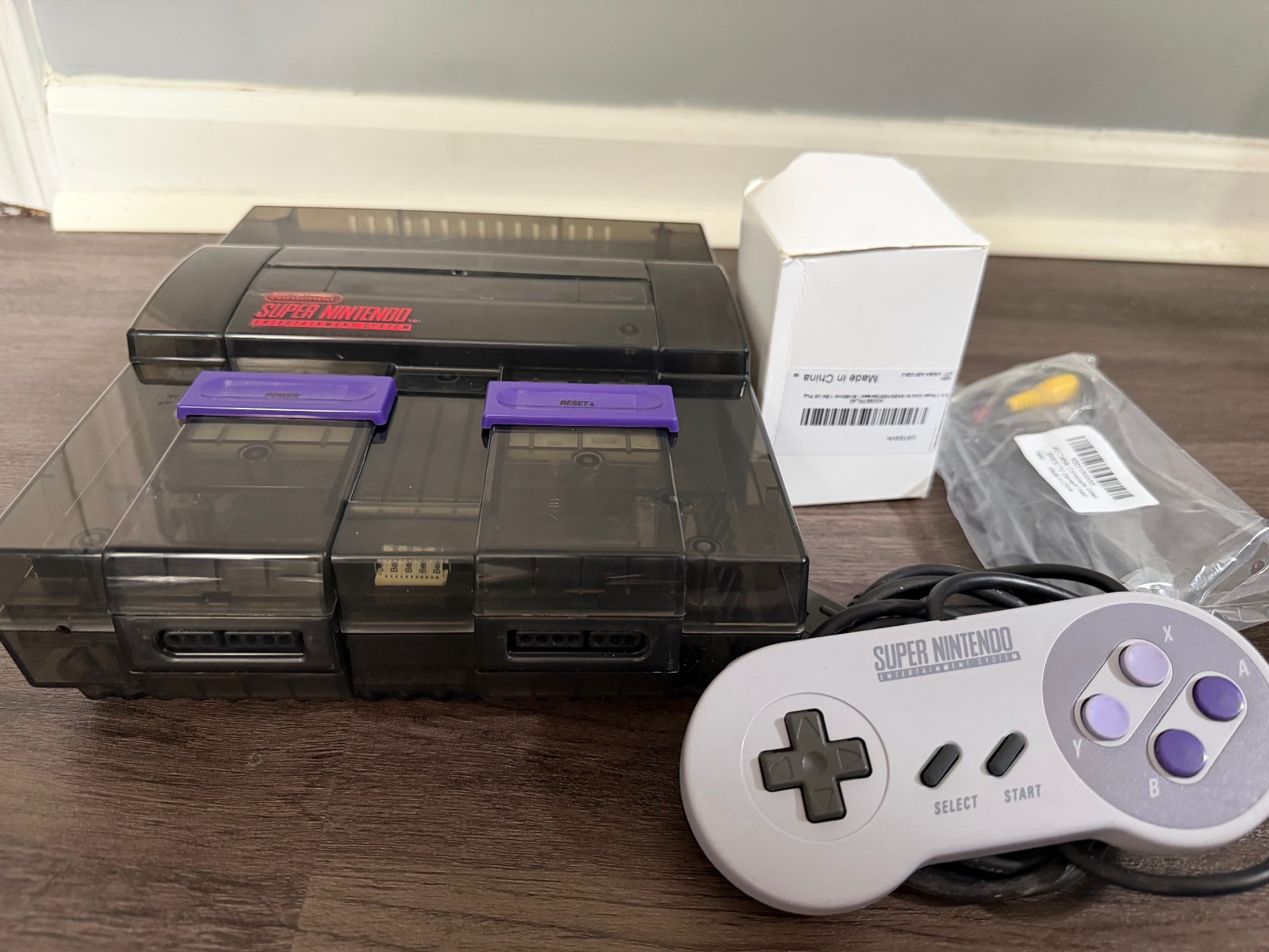 Super Nintendo Console Black Clear Custom Case Reshell, Controller and Cables