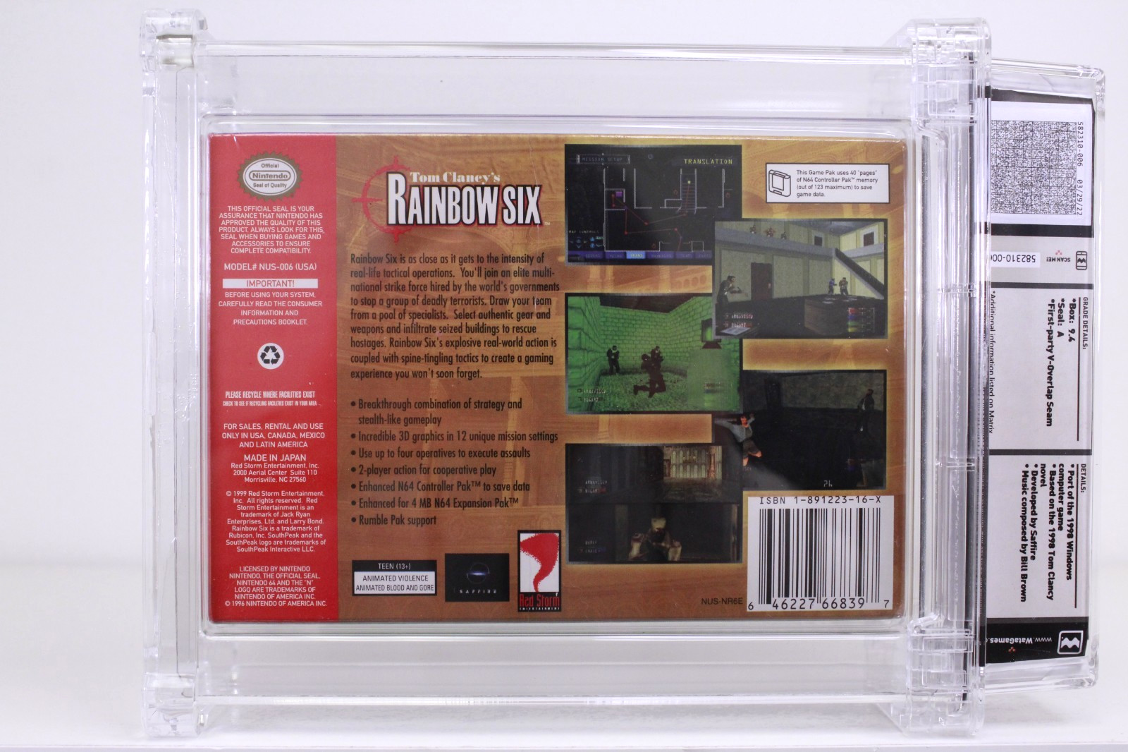 Tom Clancy’s Rainbow Six Nintendo 64 N64 New 1999 Sealed WATA 9.4 A TOP POP