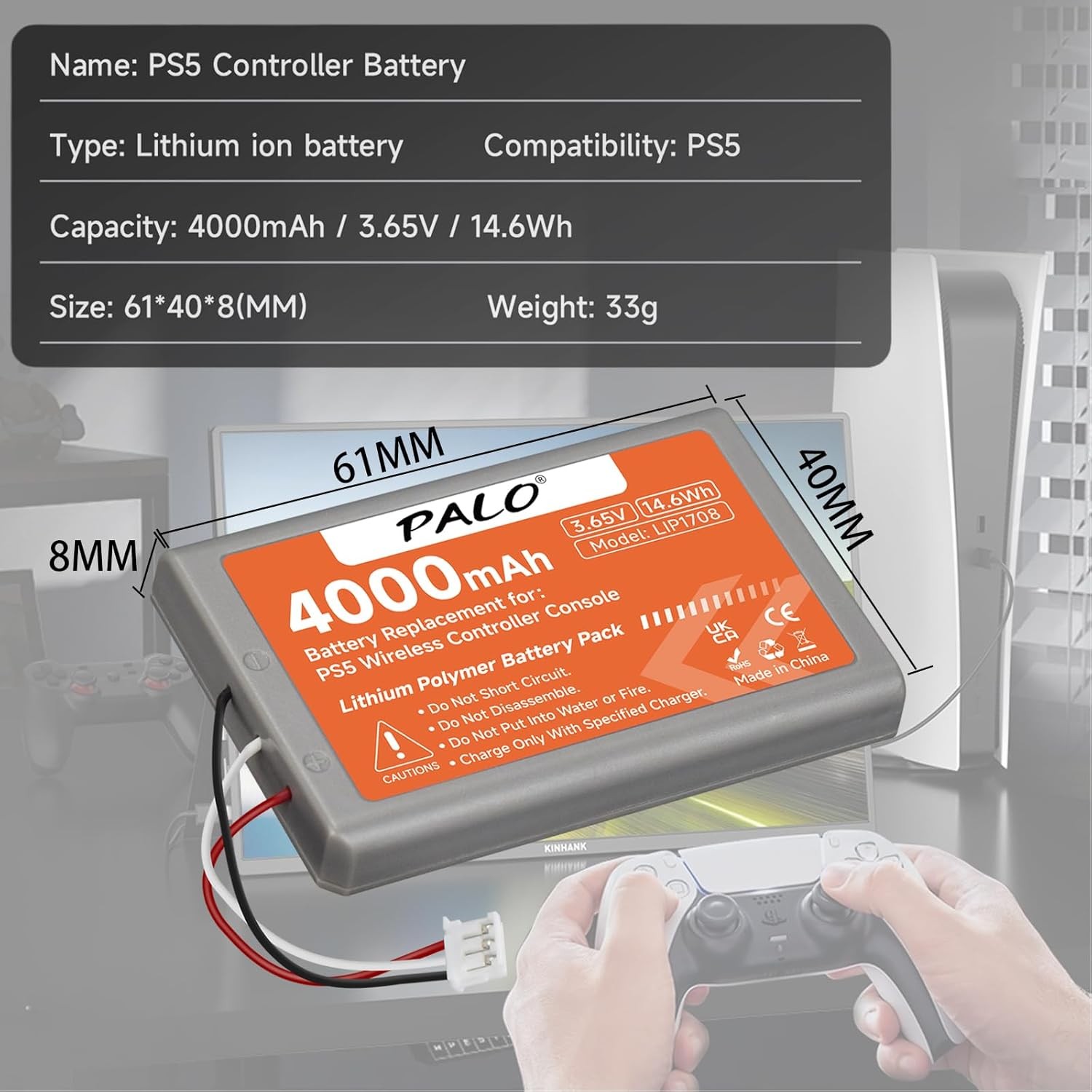 3 Pack 4000mAh LIP1708 Battery-3.65V/14.6Wh Lithium Battery for Sony-PS5 Dual Se