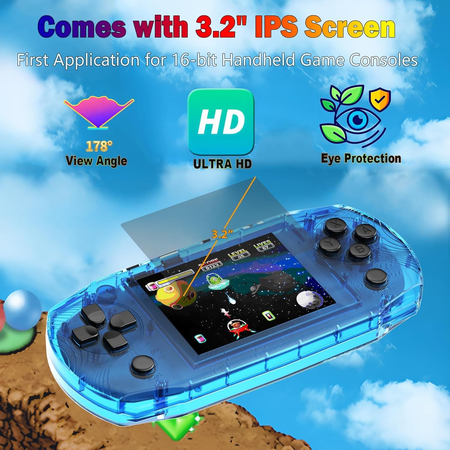 Portable 3.2in Retro Game Console 100 Games Kids Blue