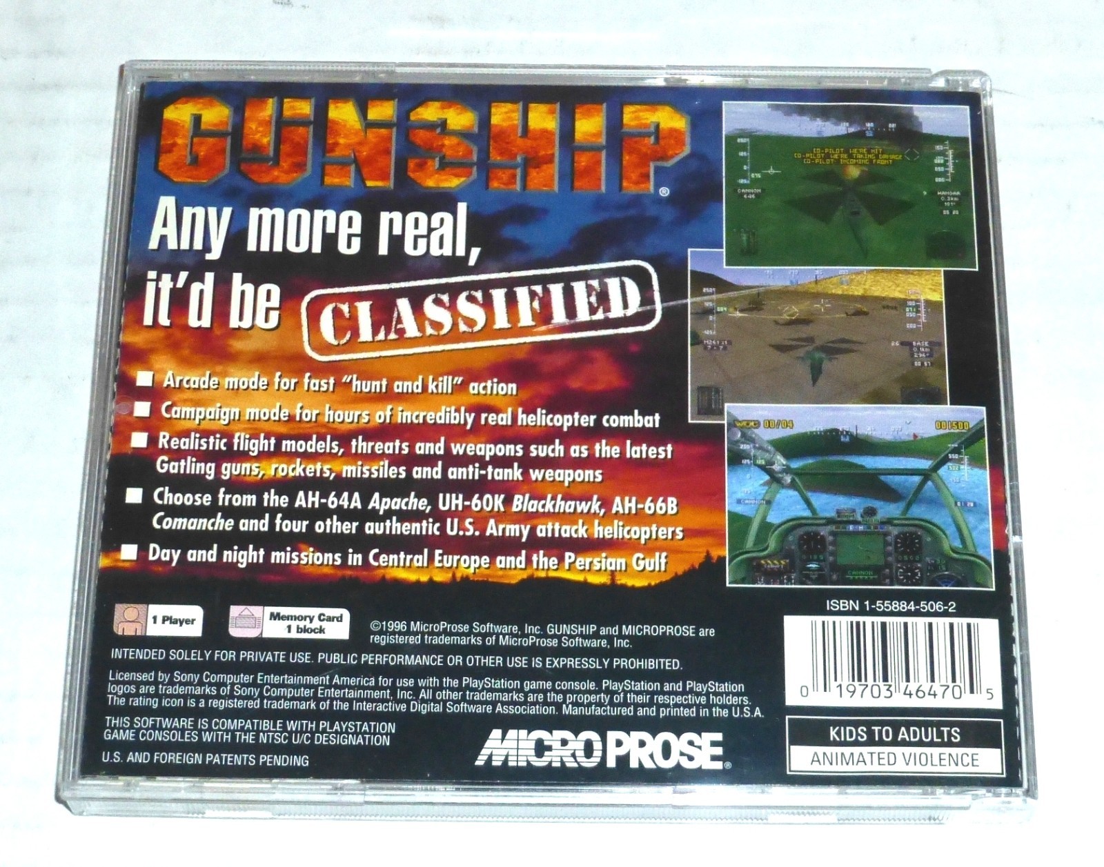 Gunship (Sony PlayStation 1 PS1, MicroProse, 1996) Complete HAS FLAWS READ
