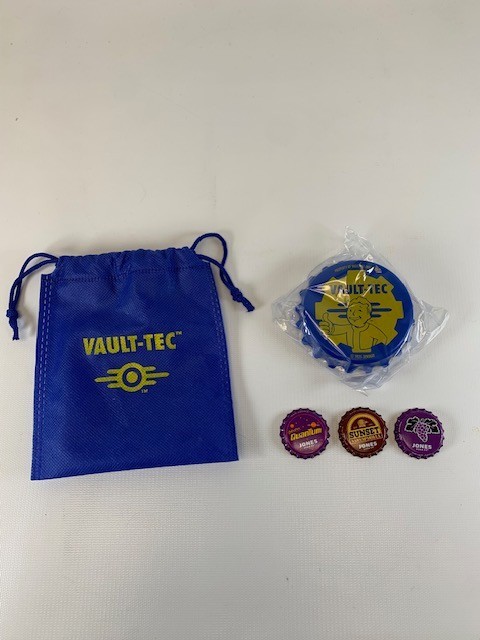 Fallout Jones Soda Official Vault-Tec Bottle Opener Magnet + 3 Caps + Bag – NEW