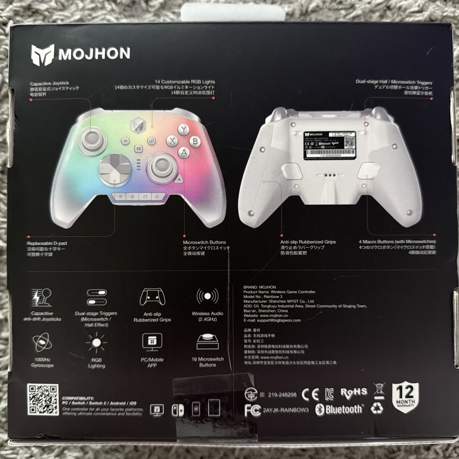 MOJHON Rainbow 3 Trigger Controller Windows Switch Android IOS Elite 2000 Hz NEW