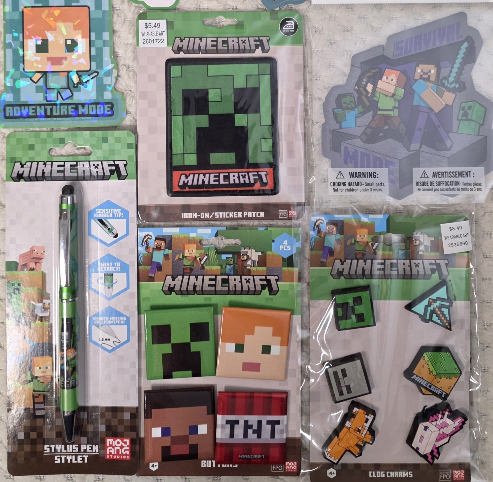 Minecraft HUGE NEW LOT 10pc Pins Stylus Pen Creeper Pen Stickers Iron-On Patch