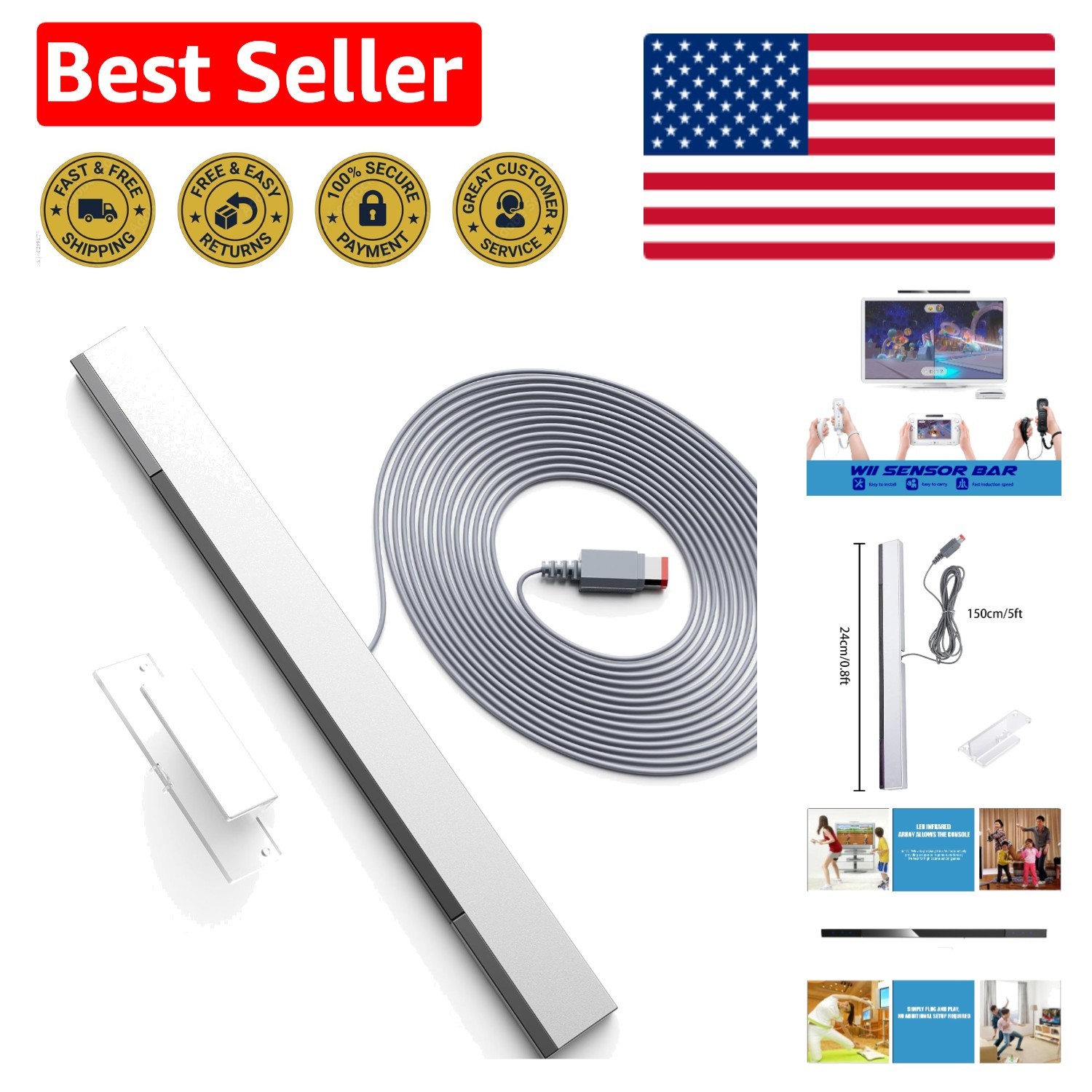 Replacement Wired Infrared Sensor Bar for Wii U – Long Cable & Stable Connection