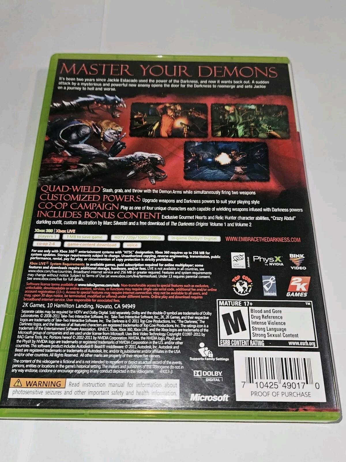 The Darkness II 2 Limited Edition (Xbox 360) CIB COMPLETE W/ Manual & POSTER