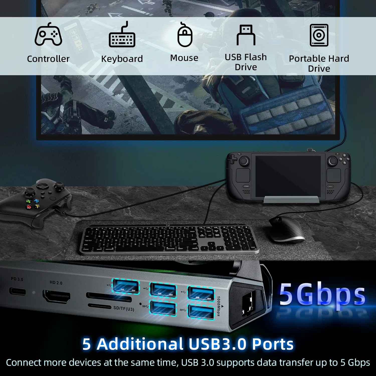 10 in 1 Docking Station with Dual Cooling Fan for Steam Deck-Gray
