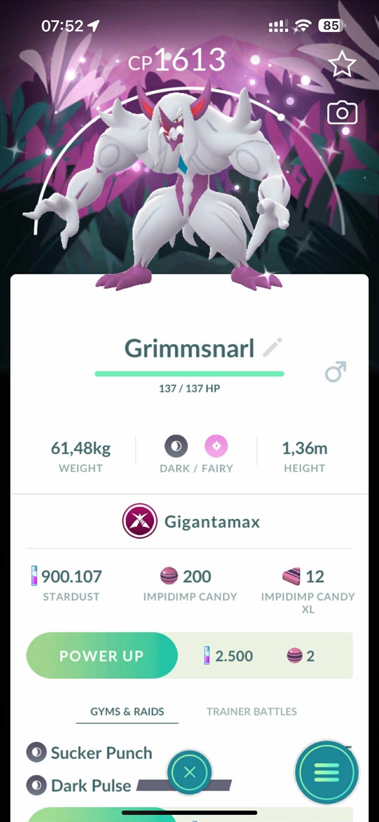 Pokemon G0 – Shiny grimmsnarl Gigamax leve 50 -3 move Special BG 2025