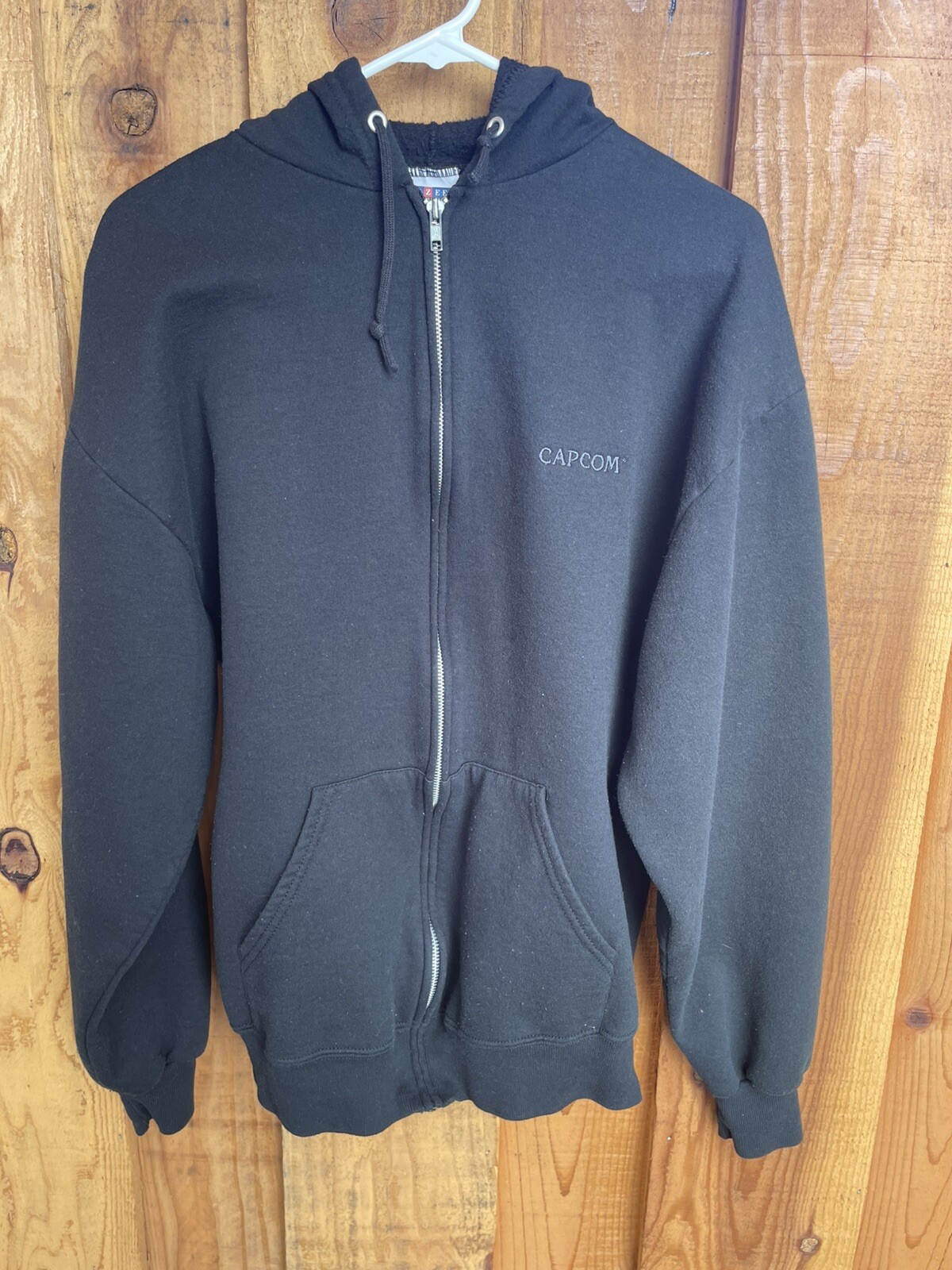 VINTAGE CAPCOM PROMO HOODIE LARGE ZIP UP BLACK w BLACK LOGO circa 1998/2000