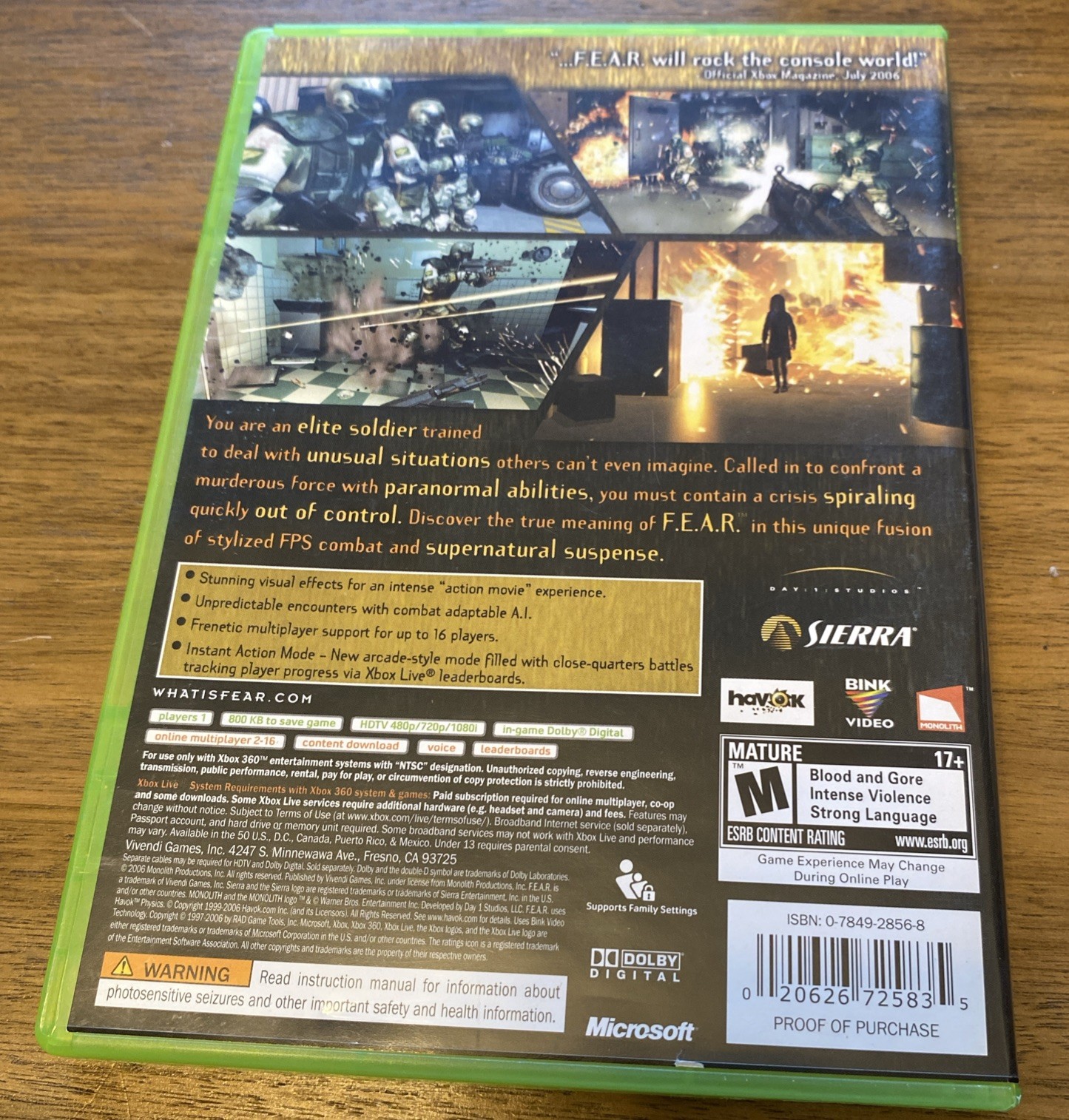 Sierra F.E.A.R. First Encounter Assault Recon Xbox 360 FPS Shooter M NTSC 2006