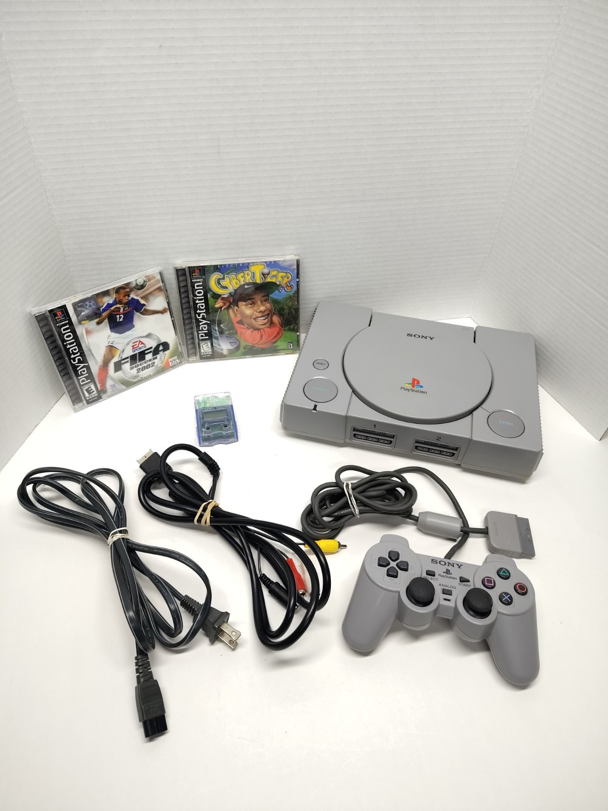 Sony PlayStation 1 SCPH-7501 W/ 2 Games 1 Controller Cables Mega Mem Card Tested