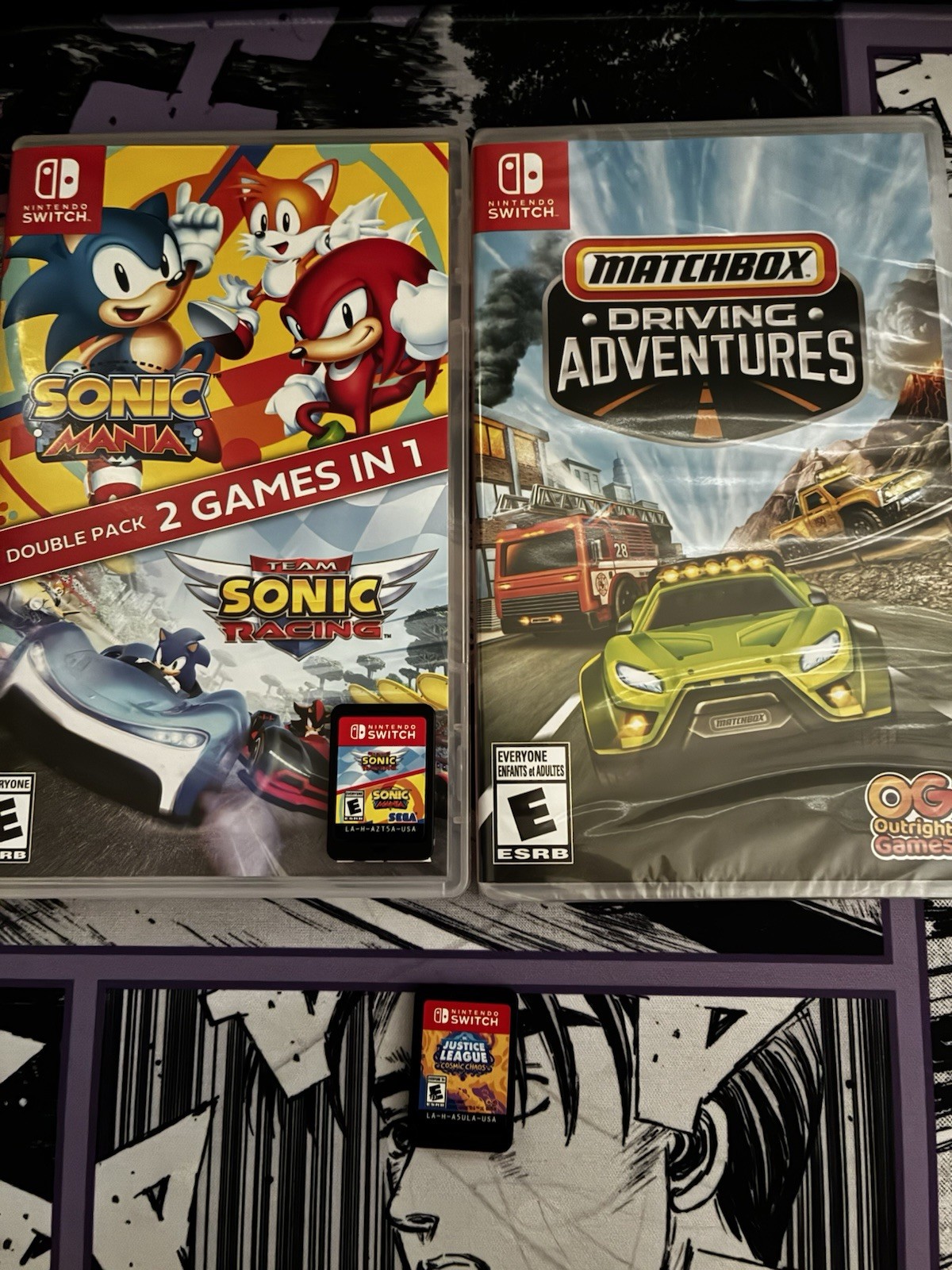Nintendo Switch Game Bundle Justice League, Driving Adventure,Sonic Mania/Racing