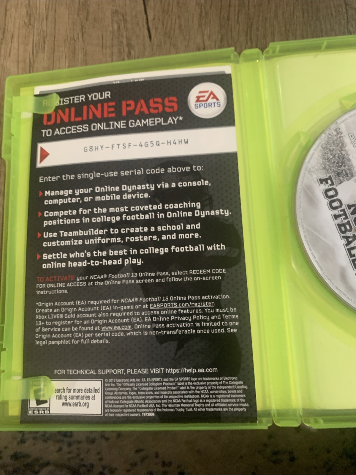 NCAA Football 13 (Microsoft Xbox 360, 2012) No Manual