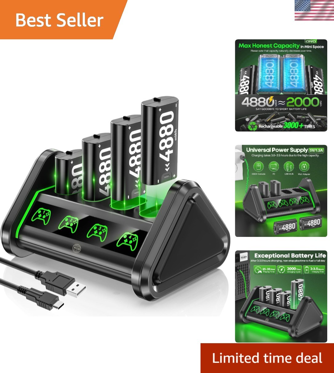 Rechargeable Battery for Xbox One/Series X/S, 4 x 4880mWh Xbox Batteries, Xbx…