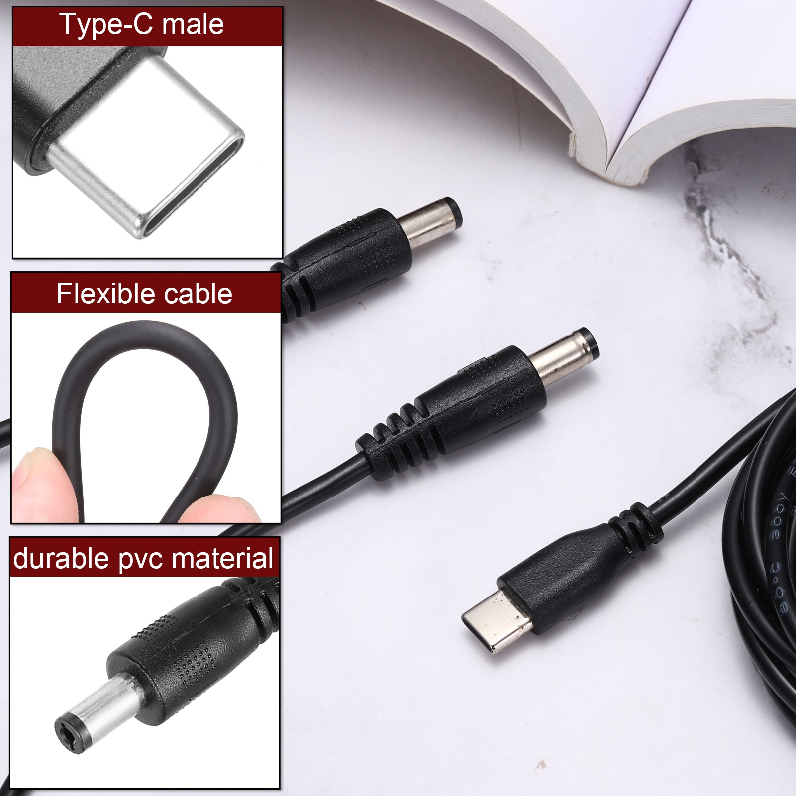 2 Pcs 3.3Ft USB C to DC PD Power Fast Charging Cable, 5.5×2.1mm 15W/5V(Black)
