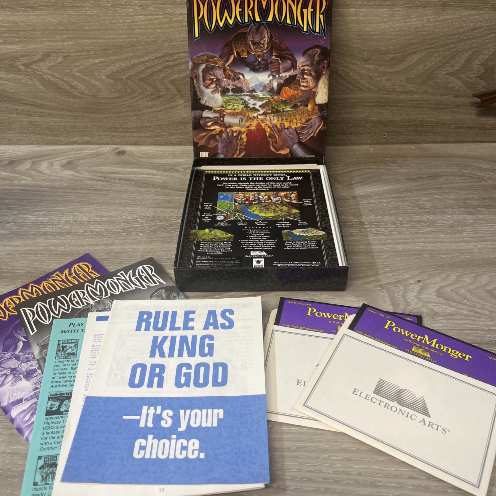 Vtg PowerMonger Big Box Computer Game IBM PC DOS 3.5 Disk Electronic Arts CIB