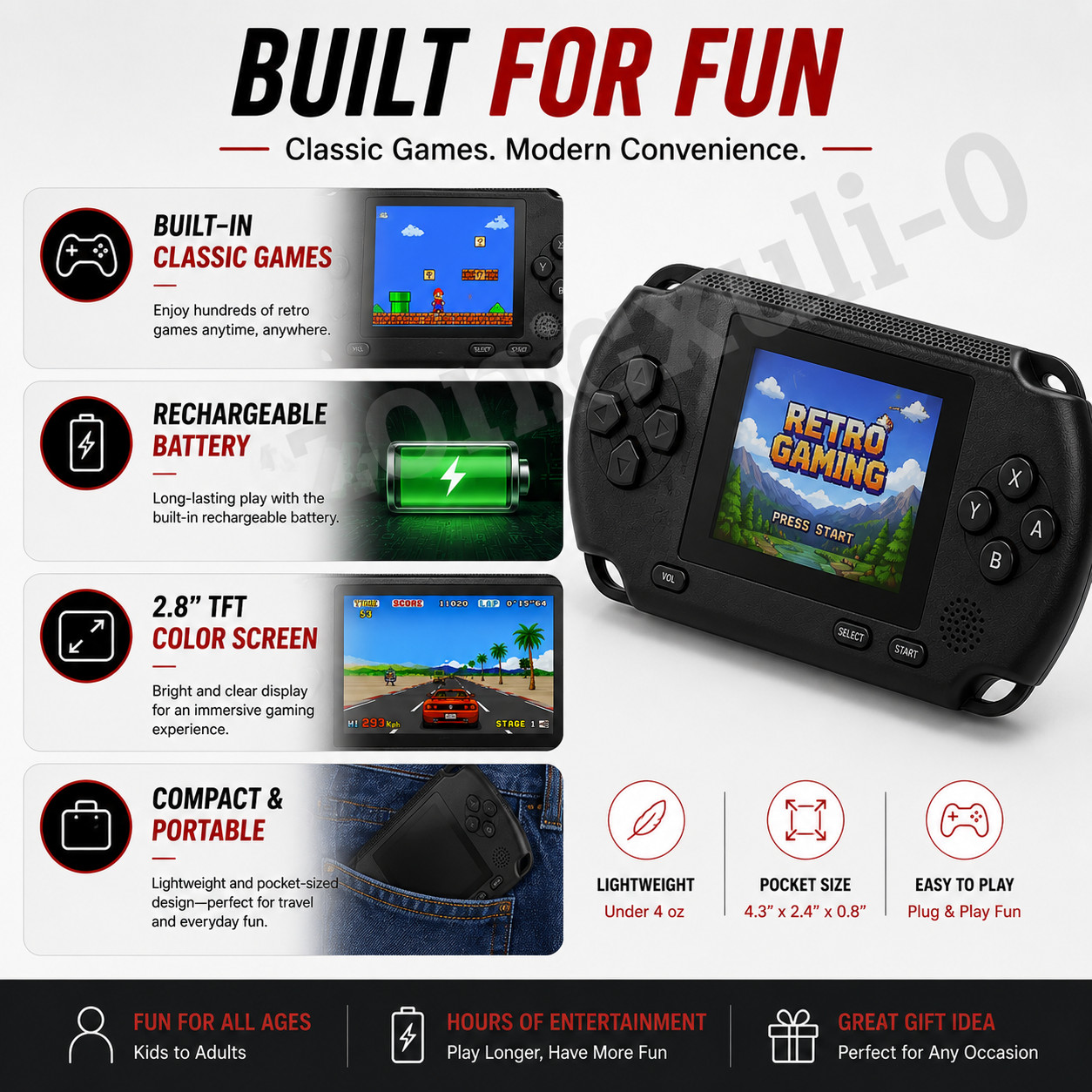 Portable Retro Gaming Console Handheld Arcade Game System Rechargeable 16 Bit