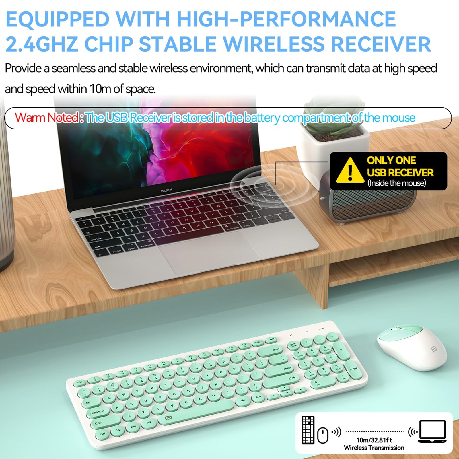 FD Wireless Keyboard and Mouse Combo – 2.4GHz USB IK6630 Mint Green & White