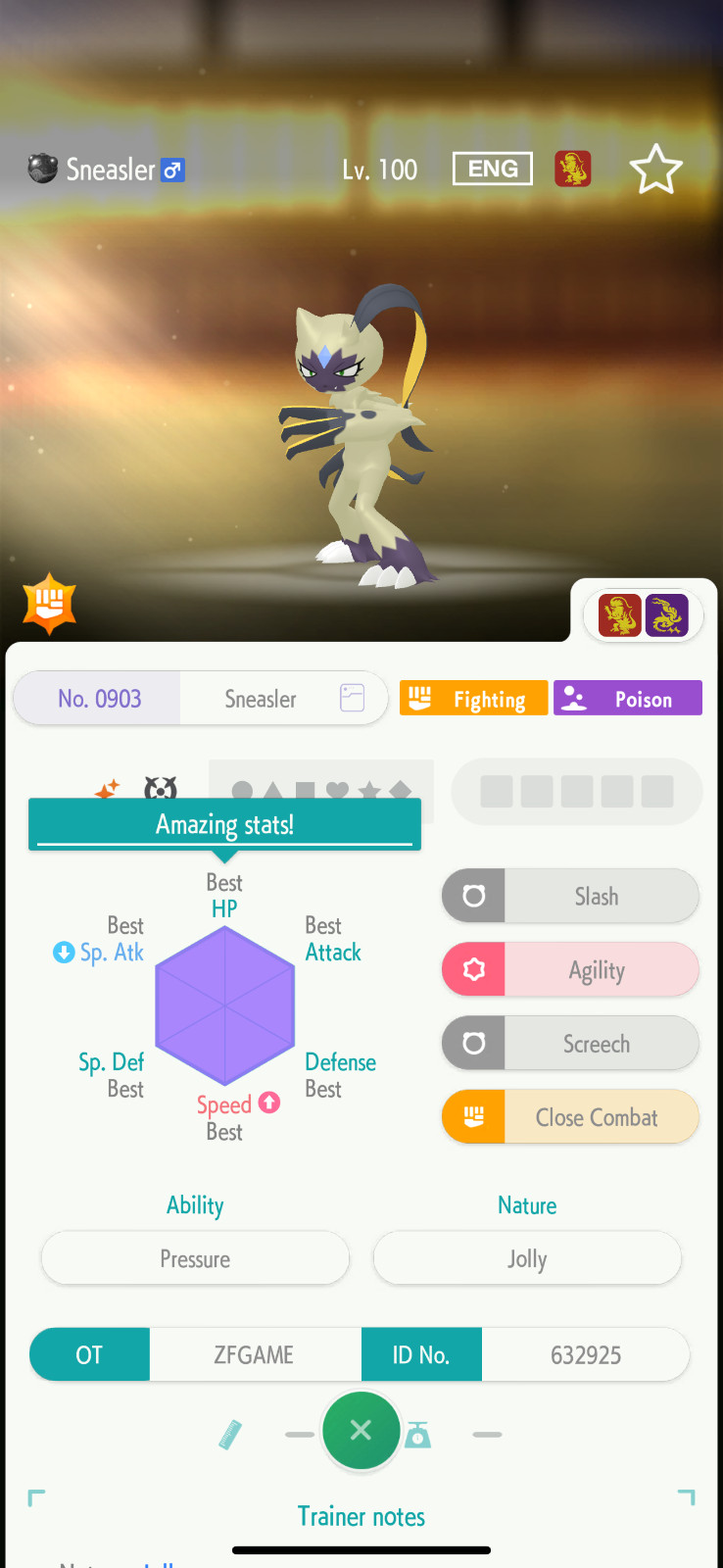✨6IV SHINY Sneasler + EVS🚀 POKEMON HOME✨Champions✨Online delivery⚡