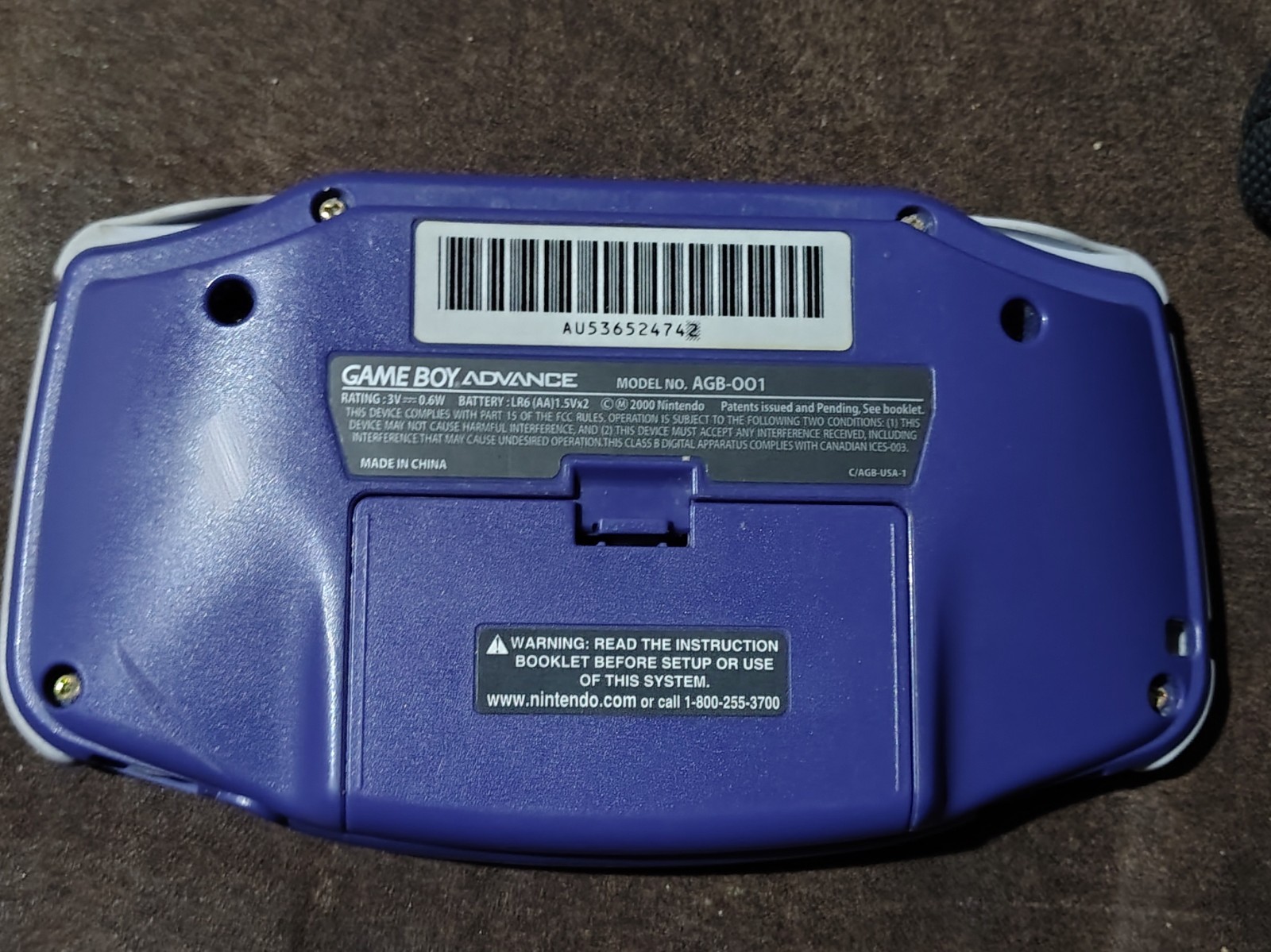 Nintendo Game Boy Advance Handheld Purple 1 Game 1 Case. Fully Tested AGB-001