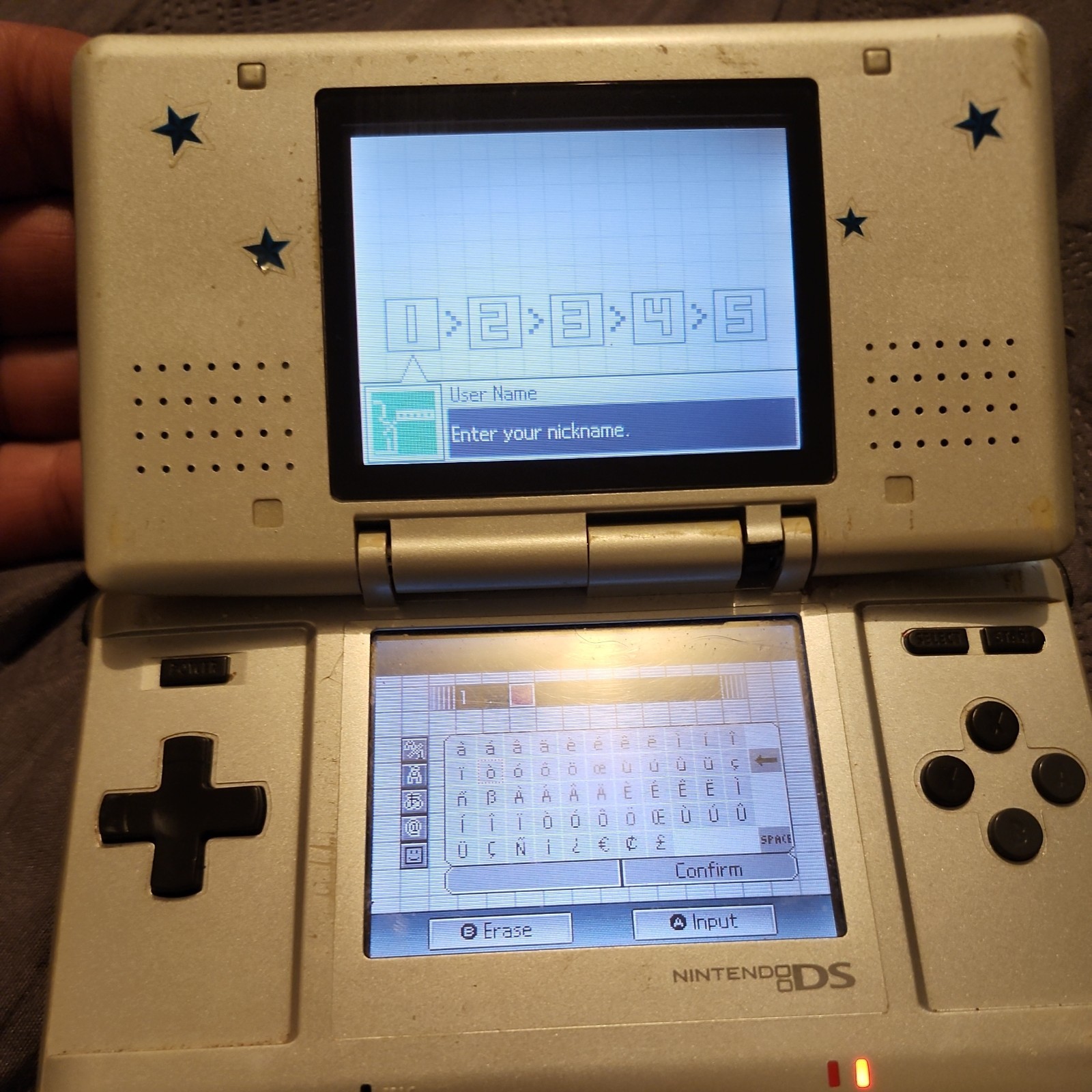 Nintendo DS Fat Silver Original NTR-001 READ Works ( broken hinge)